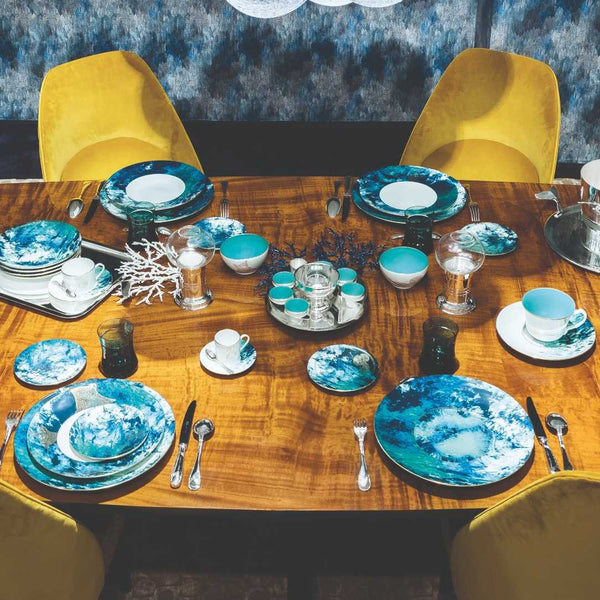 Styled Haviland Océan Bleu Small 12.5cm Bowl in Limoges porcelain with turquoise interior and golden jellyfish motif.