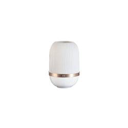 White cylindrical candle holder with gold accent on a white background