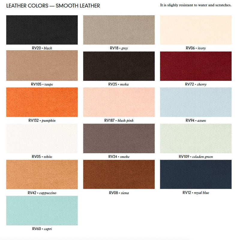 Color swatches of smooth leather by Riviere in various colors on a white background