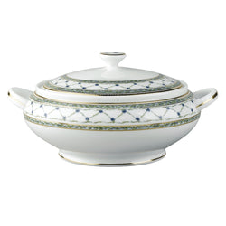 Soup Tureen Allée du Roy by Raynaud in Limoges porcelain with cornflower motifs, laurel crowns, and hand-painted gold details.