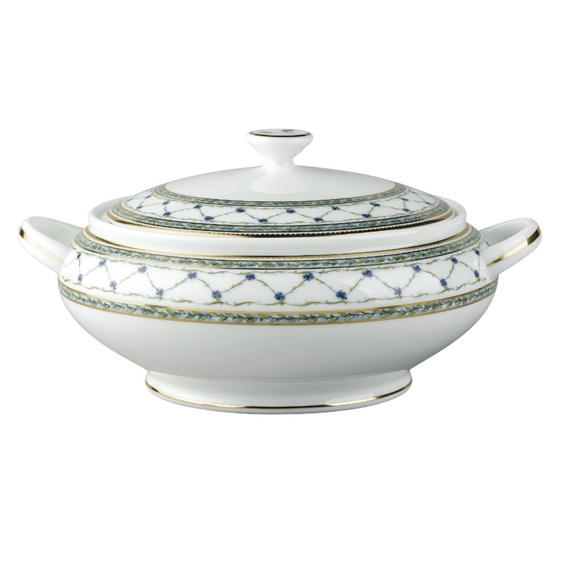 Soup Tureen Allée du Roy by Raynaud in Limoges porcelain with cornflower motifs, laurel crowns, and hand-painted gold details.