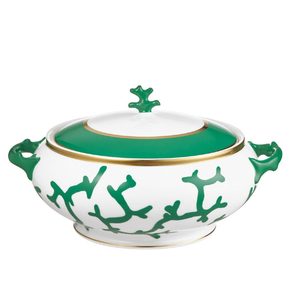 Raynaud Cristobal Emerald Soup Tureen in Limoges porcelain with emerald green coral motifs, gold rim, and coral-shaped handles and lid finial.