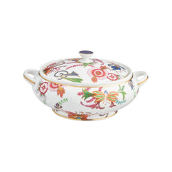 Imari porcelain soup tureen with floral motifs, lid, and gold rim by Raynaud