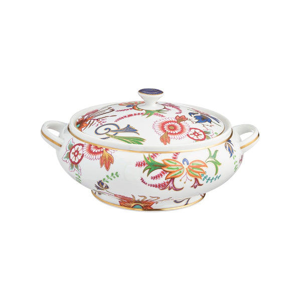 Imari porcelain soup tureen with floral motifs, lid, and gold rim by Raynaud