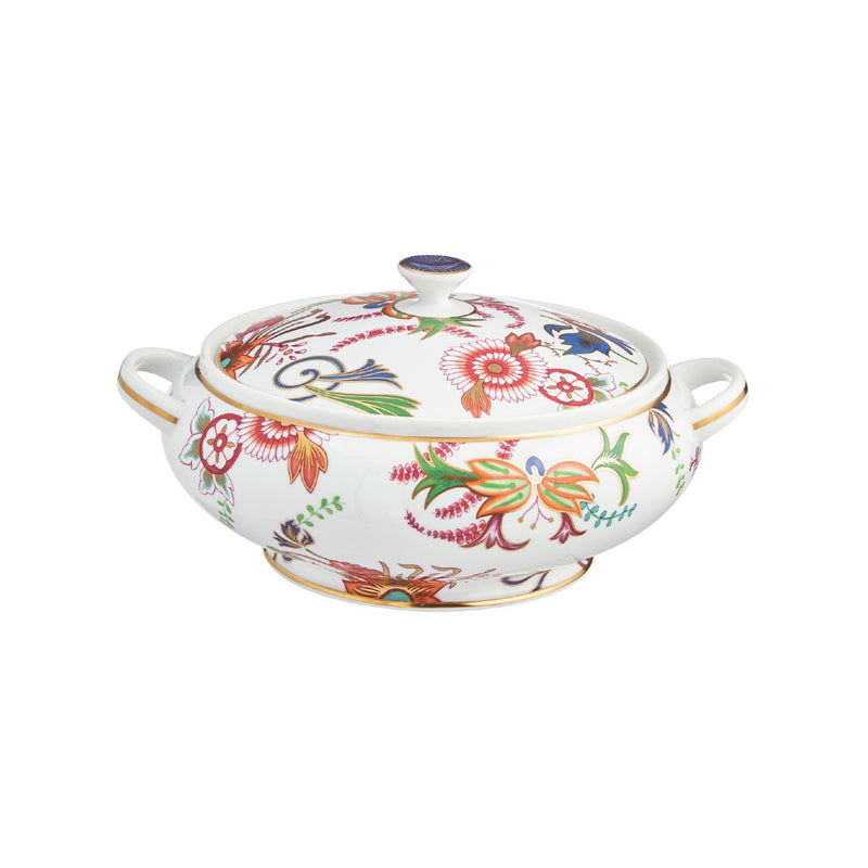 Imari porcelain soup tureen with floral motifs, lid, and gold rim by Raynaud