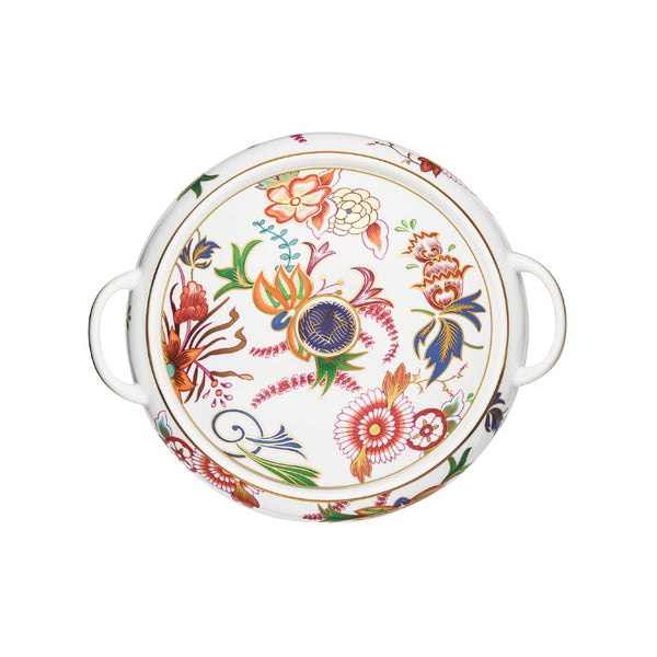 top view of the Imari porcelain soup tureen with floral motifs, lid, and gold rim by Raynaud