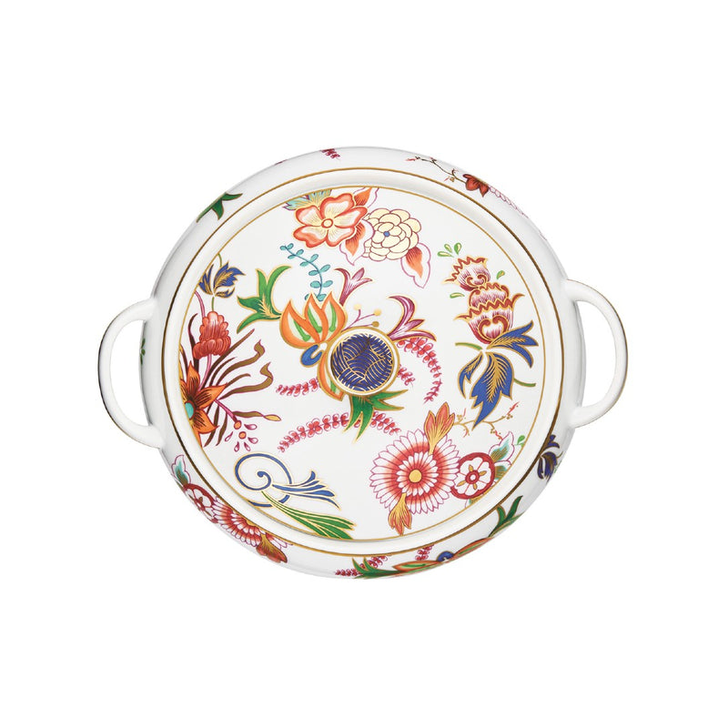 top view of the Imari porcelain soup tureen with floral motifs, lid, and gold rim by Raynaud