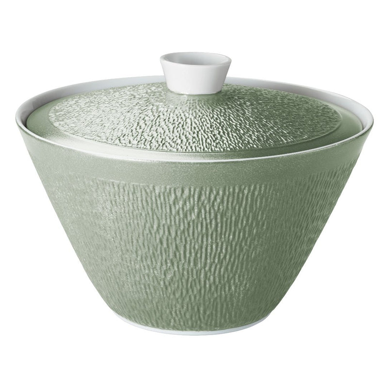 Raynaud Minéral Irisé Céladon porcelain soup tureen with lid, sculptural relief, and celadon iridescent glaze