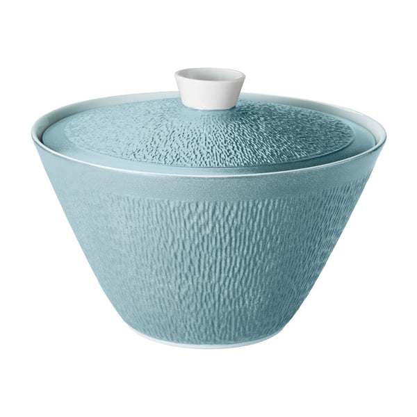 Raynaud Minéral Irisé Sky Blue porcelain soup tureen with lid, iridescent glaze, and sculptural relief