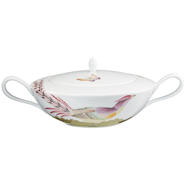 White porcelain dish with floral design on a white background
