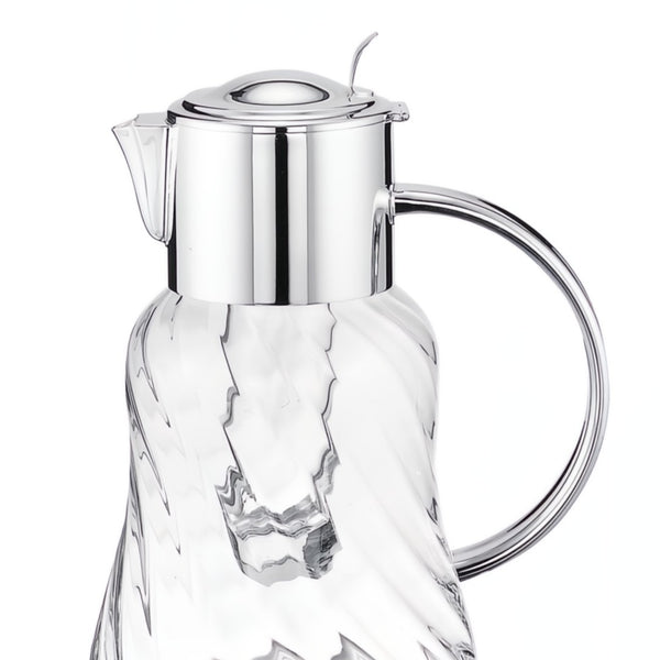 Close-up of Luxury spiral glass jug Tuileries 2.4 L with silver-plated lid, handle, and glass tube by Ercuis.