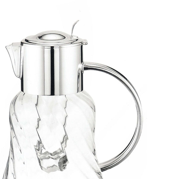 Close-up of Luxury spiral glass pitcher with silver-plated lid, handle, and ice tube by Greggio – handcrafted Italian design for elegant dining and yachts.