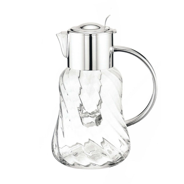 Luxury spiral glass pitcher with silver-plated lid, handle, and ice tube by Greggio – handcrafted Italian design for elegant dining and yachts.