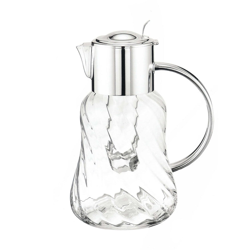 Luxury spiral glass pitcher with silver-plated lid, handle, and ice tube by Greggio – handcrafted Italian design for elegant dining and yachts.