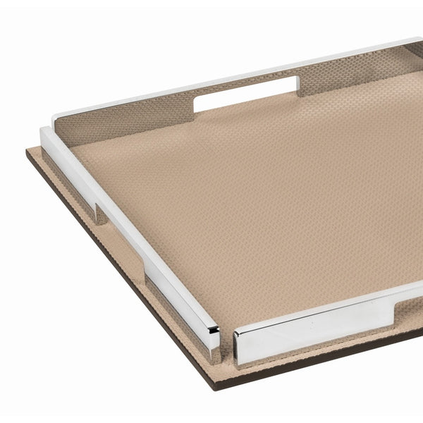 Close-up Square Leather Tray Belgravia with Chrome Handles by Giobagnara