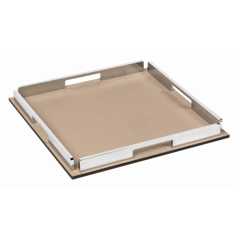 Square Leather Tray Belgravia with Chrome Handles by Giobagnara