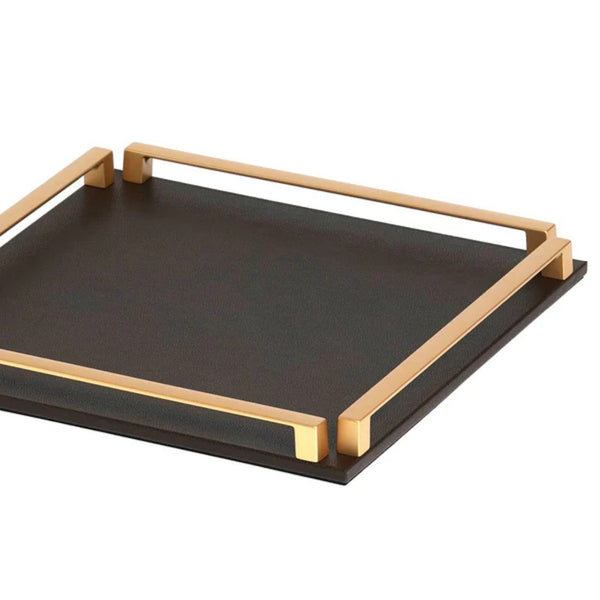 Close-up Square Leather Tray with Handles Paul in Coffee Calfskin Liverpool by Pinetti