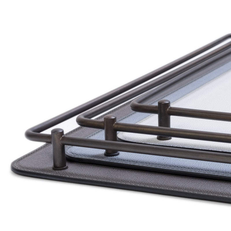 Close-up Square leather tray Rondo with brass frame by Giobagnara on a white background