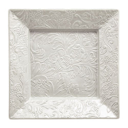 Italian Renaissance Irisé Pearl Grey square trinket tray by Raynaud in Limoges porcelain with engraved arabesques and pearl grey iridescence.