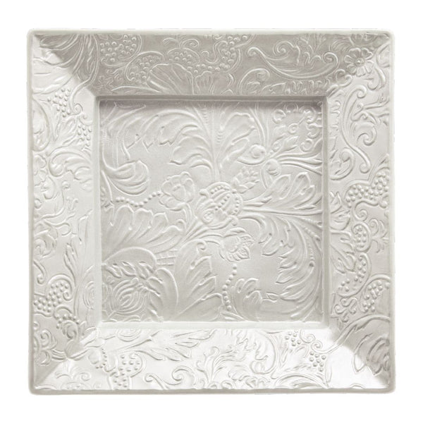 Italian Renaissance Irisé Pearl Grey square trinket tray by Raynaud in Limoges porcelain with engraved arabesques and pearl grey iridescence.