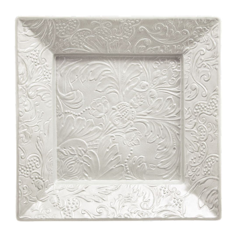 Italian Renaissance Irisé Pearl Grey square trinket tray by Raynaud in Limoges porcelain with engraved arabesques and pearl grey iridescence.