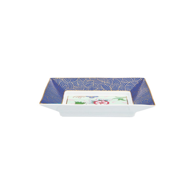Square Imari trinket tray by Raynaud with cobalt blue border and Japanese floral design