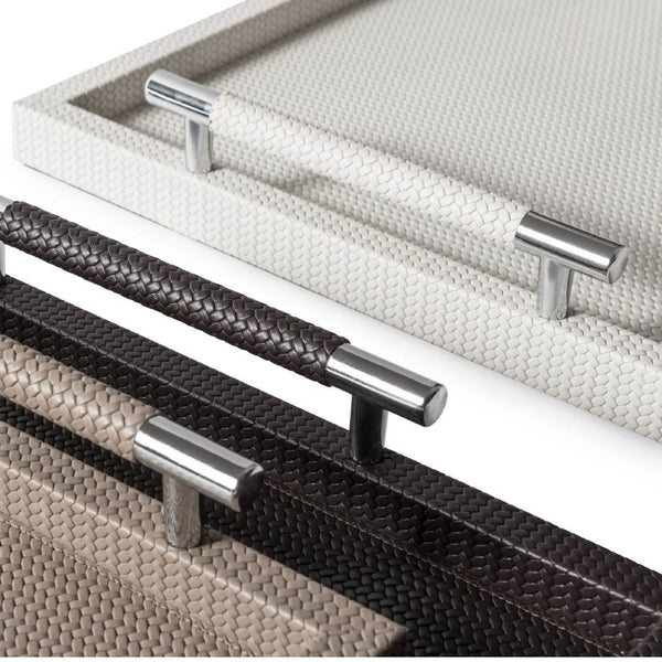 Close-up Square Woven Leather Tray with Handles Dedalo in Cream by Pinetti