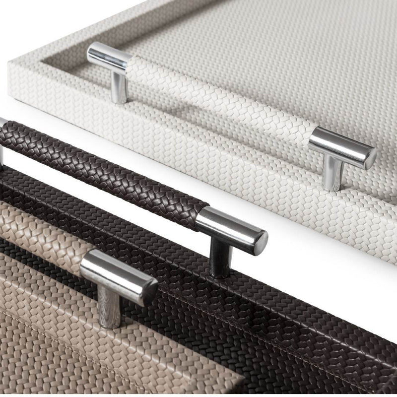Close-up Square Woven Leather Tray with Handles Dedalo in Cream by Pinetti