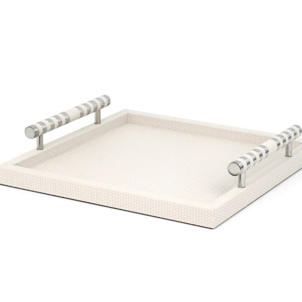 Rectangular tray with striped handles on a white background