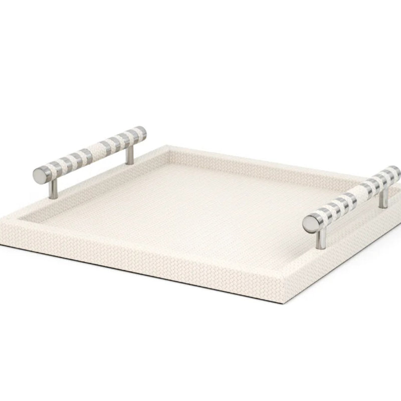 Rectangular tray with striped handles on a white background