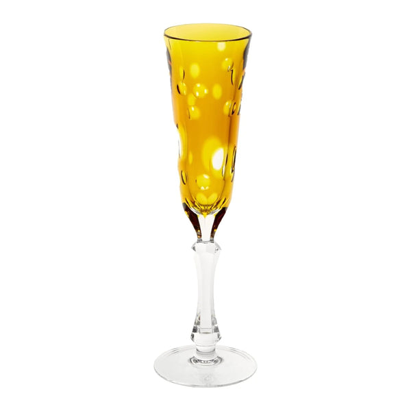 Amber Staccato champagne flute with bubble cut crystal design by Cristallerie de Montbronn.