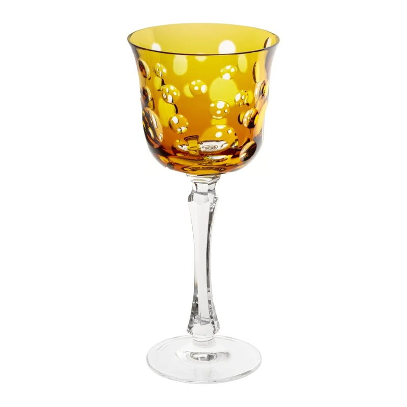 Amber Staccato water glass with bubble cut design by Cristallerie de Montbronn.
