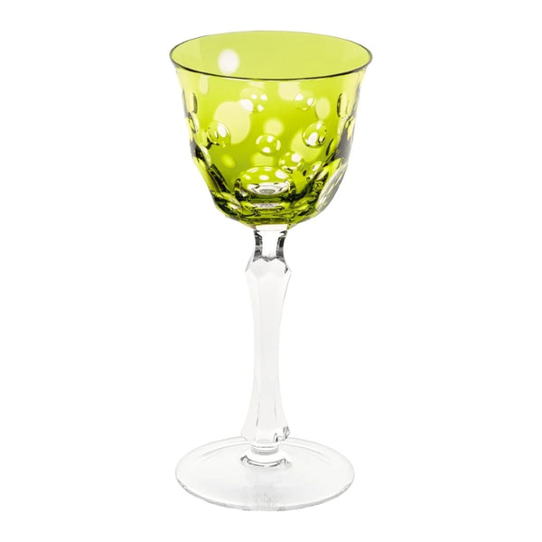 Pastel green Staccato red wine glass with bubble cut design by Cristallerie de Montbronn.