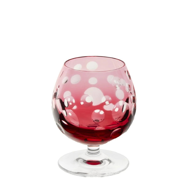 Pink red crystal brandy cognac snifter with bubble cut design from the Staccato collection by Cristallerie de Montbronn.