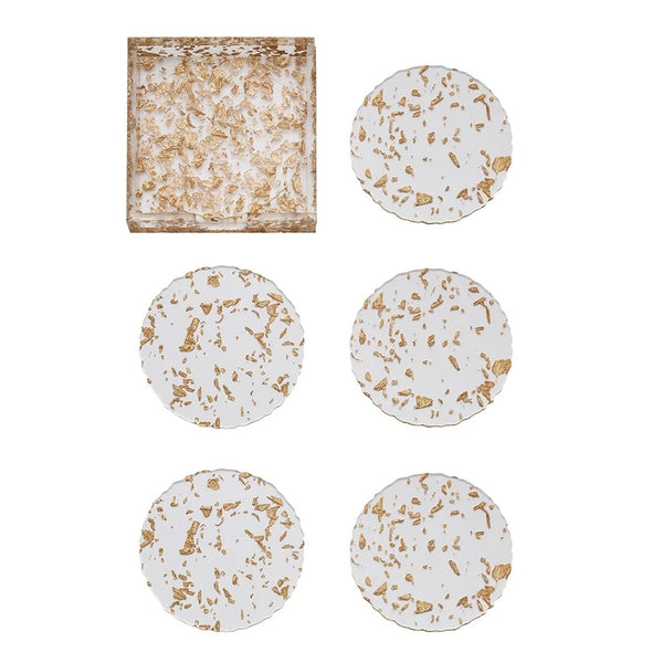 Stardust coaster set of 6 in clear and gold by Kim Seybert with caddy, modern glam table accessory