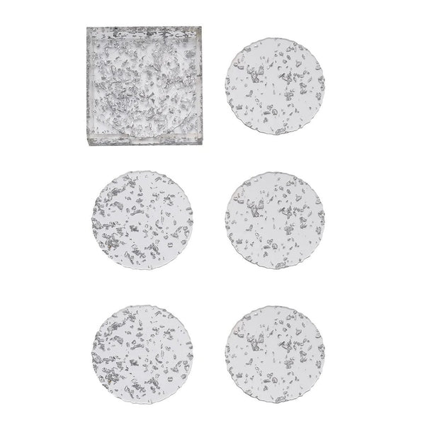 Stardust coaster set of 6 in clear and silver by Kim Seybert with caddy, modern shimmer table decor