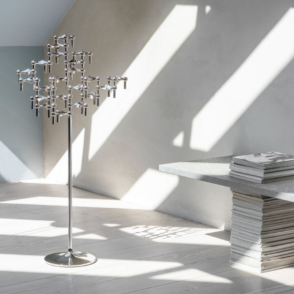 styled Stoff Nagel floor stand in chrome, modular sculpture with candle holders 