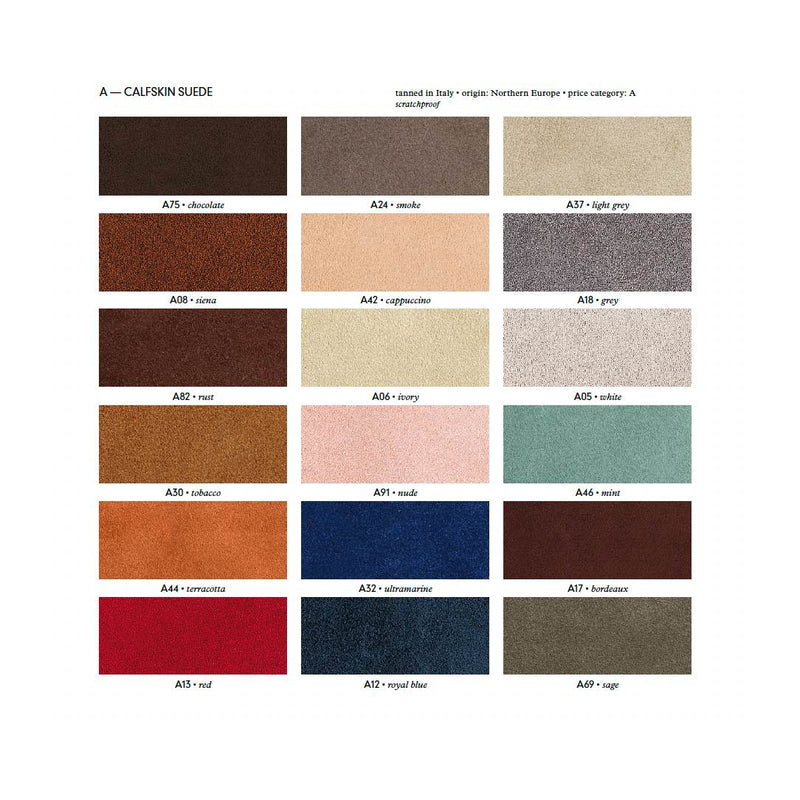 Color swatch chart for calfskin suede by Giobagnara with various shades page 1