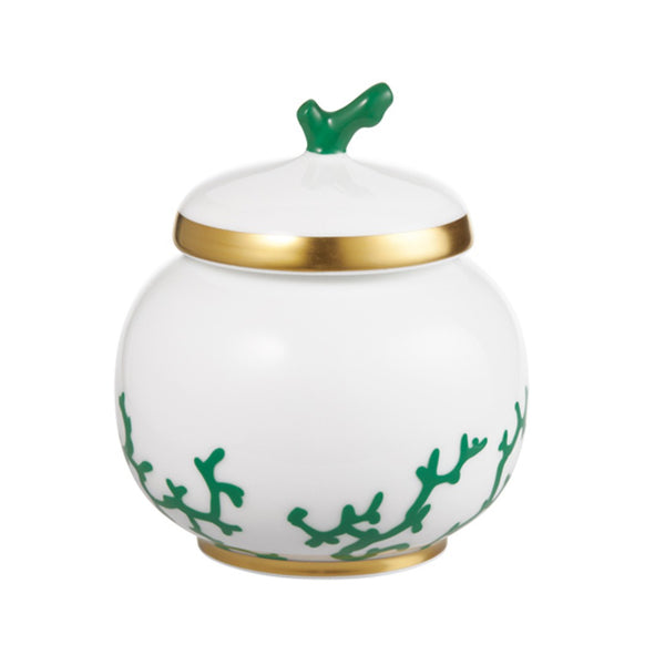 Cristobal Emerald sugar bowl by Raynaud in white Limoges porcelain with emerald coral motifs, gold rim, and green coral finial lid.
