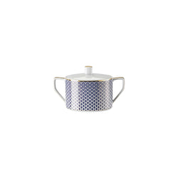 Francis Carreau Blue porcelain sugar bowl with royal blue and gold check design by Rosenthal