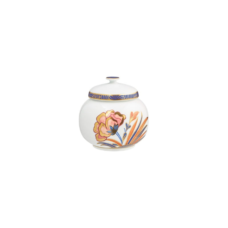 Decorative ceramic jar with floral design on a white background