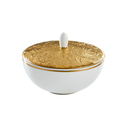 Porcelain sugar bowl with lid and gold detailing from the Italian Renaissance Gold collection by Raynaud.