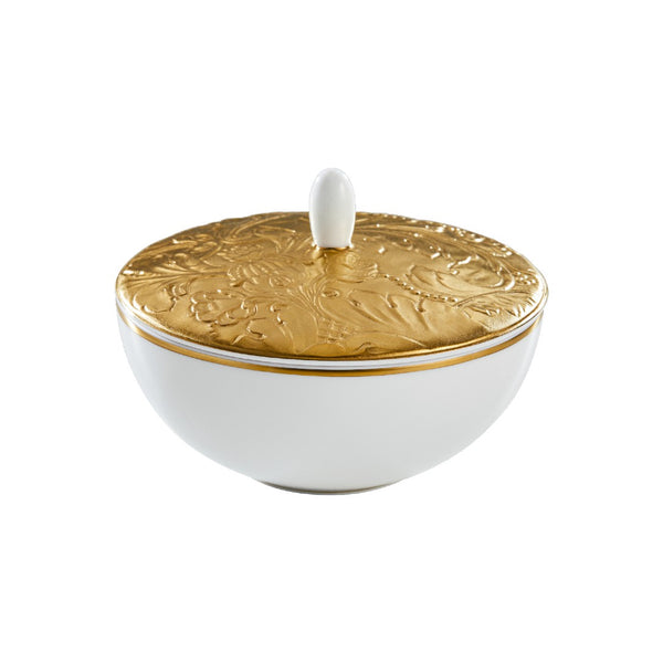 Porcelain sugar bowl with lid and gold detailing from the Italian Renaissance Gold collection by Raynaud.