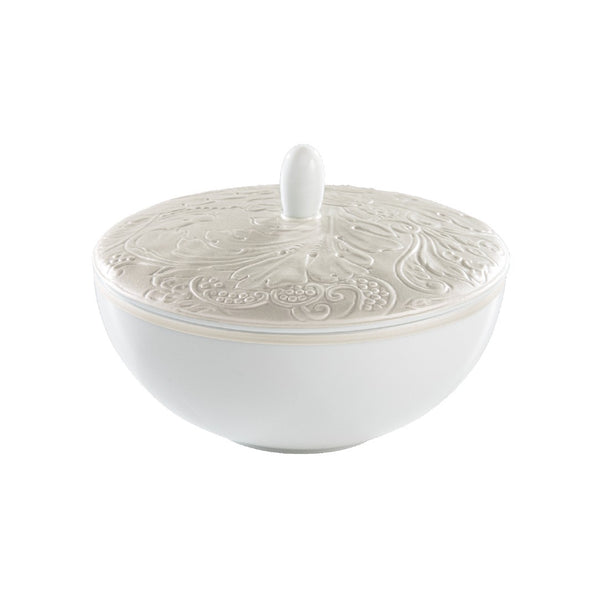 Italian Renaissance Irisé Pearl Grey sugar bowl by Raynaud in Limoges porcelain with engraved arabesques and pearl grey iridescence.