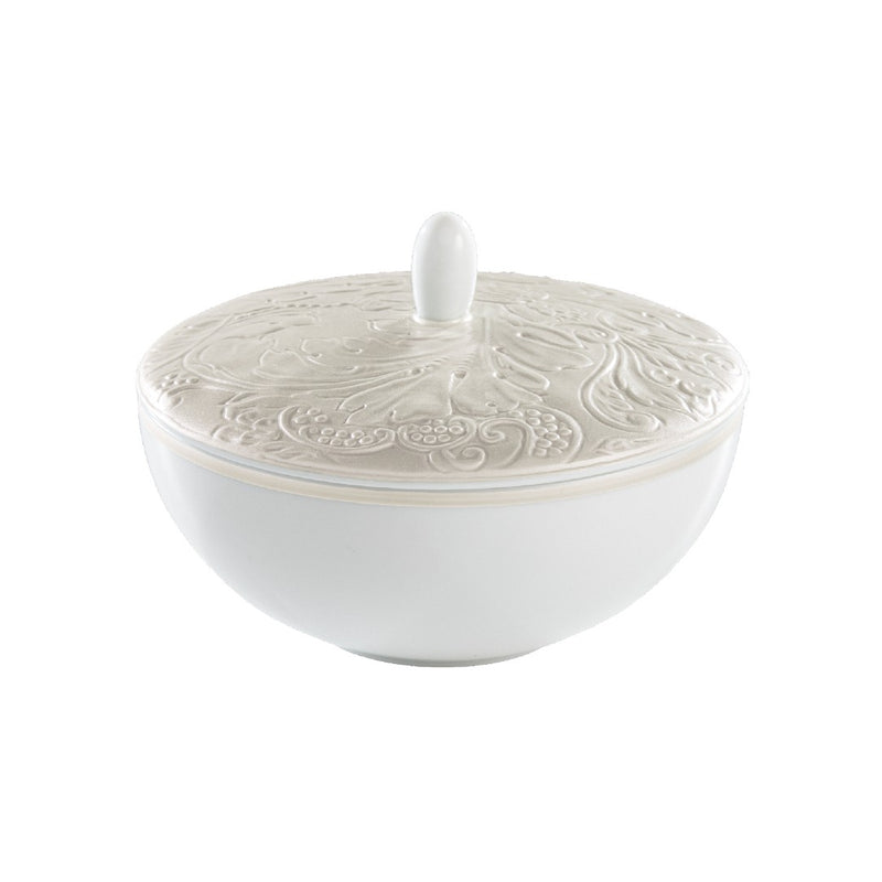 Italian Renaissance Irisé Pearl Grey sugar bowl by Raynaud in Limoges porcelain with engraved arabesques and pearl grey iridescence.
