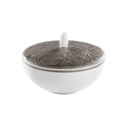 Porcelain sugar bowl with lid and platinum detailing from the Italian Renaissance Platinum collection by Raynaud.