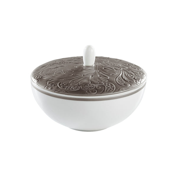 Porcelain sugar bowl with lid and platinum detailing from the Italian Renaissance Platinum collection by Raynaud.