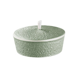 Raynaud Minéral Irisé Céladon porcelain sugar bowl with lid, sculptural relief, and iridescent celadon glaze