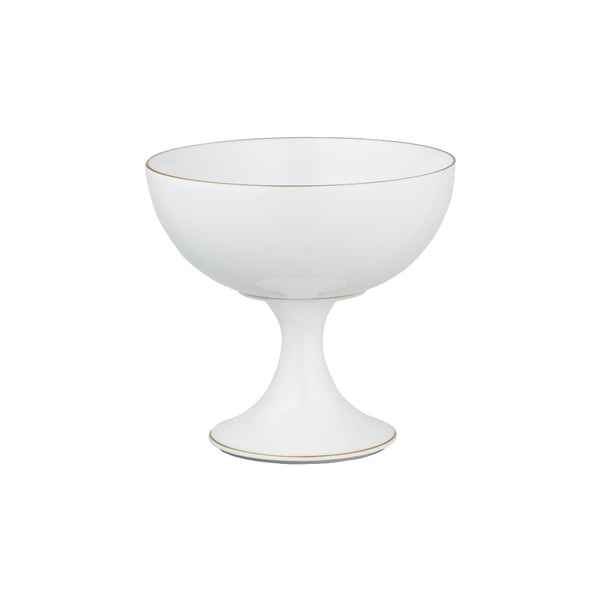 A white porcelain sundae cup with a gold rim on a pedestal foot.