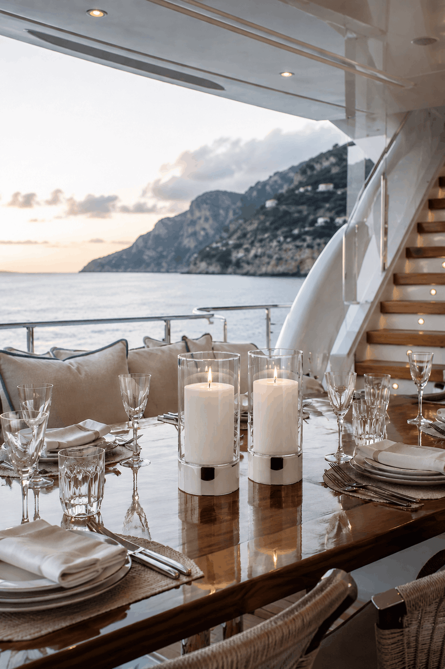 Dining table set for two with candles and glasses, overlooking a scenic ocean view.